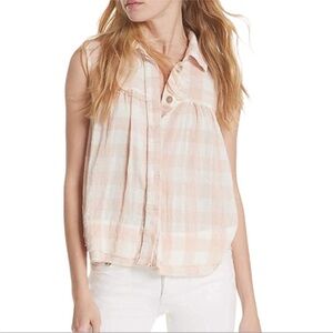 Free People Hey There Sunrise Gingham Tank Top Pink Raw Hem Button Up Size Small